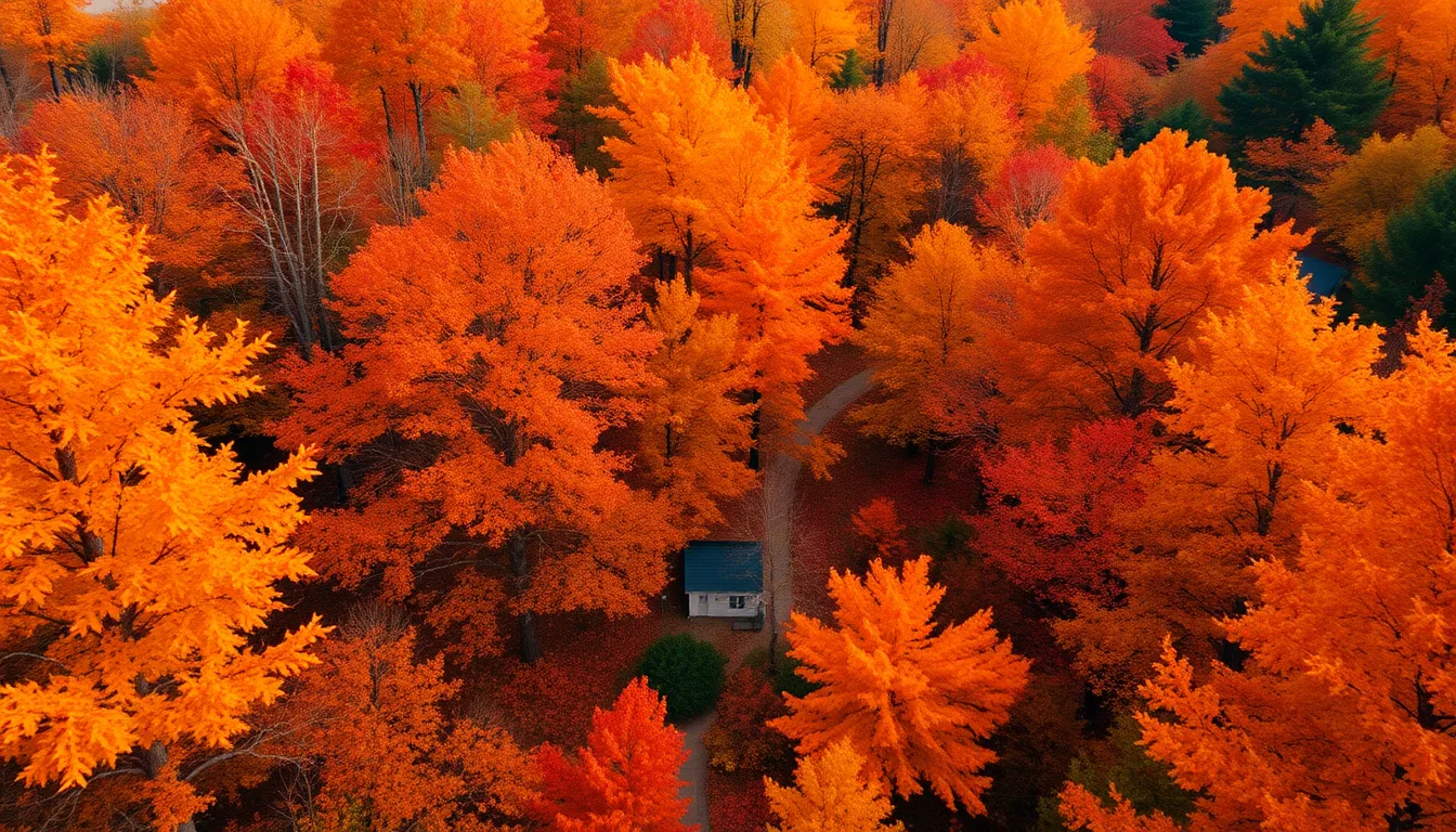This aerial view captures the stunning beauty of a vibrant autumn forest, with trees adorned in hues of orange, red, and yellow under soft diffused daylight. The sharp details reveal a colorful carpet of fallen leaves, celebrating the season's transformation. The composition employs a diagonal line leading through the landscape, inviting the viewer to explore the rich tapestry of colors. This image is a perfect representation of nature's stunning seasonal changes.