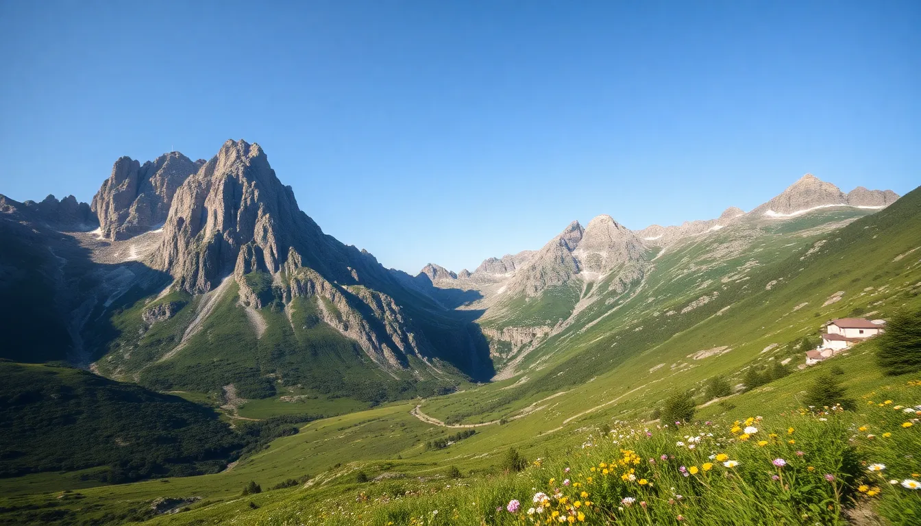This striking aerial imagery captures the grandeur of a mountainous landscape illuminated by bright afternoon sunlight. Towering peaks contrast beautifully against the deep blue sky, while flourishing green valleys below are interspersed with colorful wildflowers. The meticulous detail highlights the textures of rocks and foliage, creating a dynamic visual experience. With a hyperfocal depth of field, every element, from the majestic peaks to the vibrant floor, remains crisply rendered, inviting viewers to explore the natural wonders of mountainous terrains.