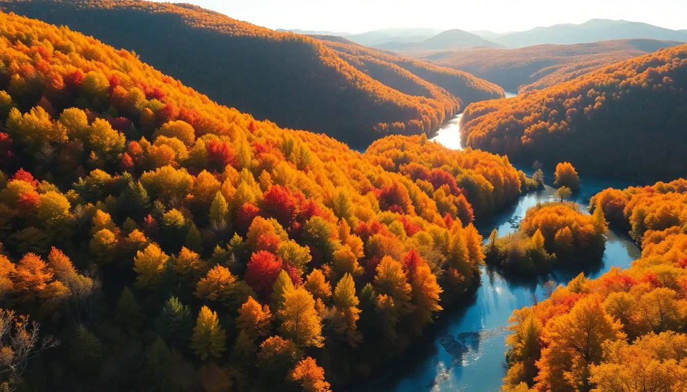 A breathtaking aerial view captures the stunning colors of an autumn forest, where vibrant hues of yellow, orange, and red foliage dominate the landscape. Bathed in the warm glow of the golden hour, the scene features a meandering river that weaves through the canopy, creating striking leading lines. The expansive depth of field captures every detail, from the textured leaves to the distant horizon, resulting in a mesmerizing perspective that invites viewers into the natural beauty of the season.