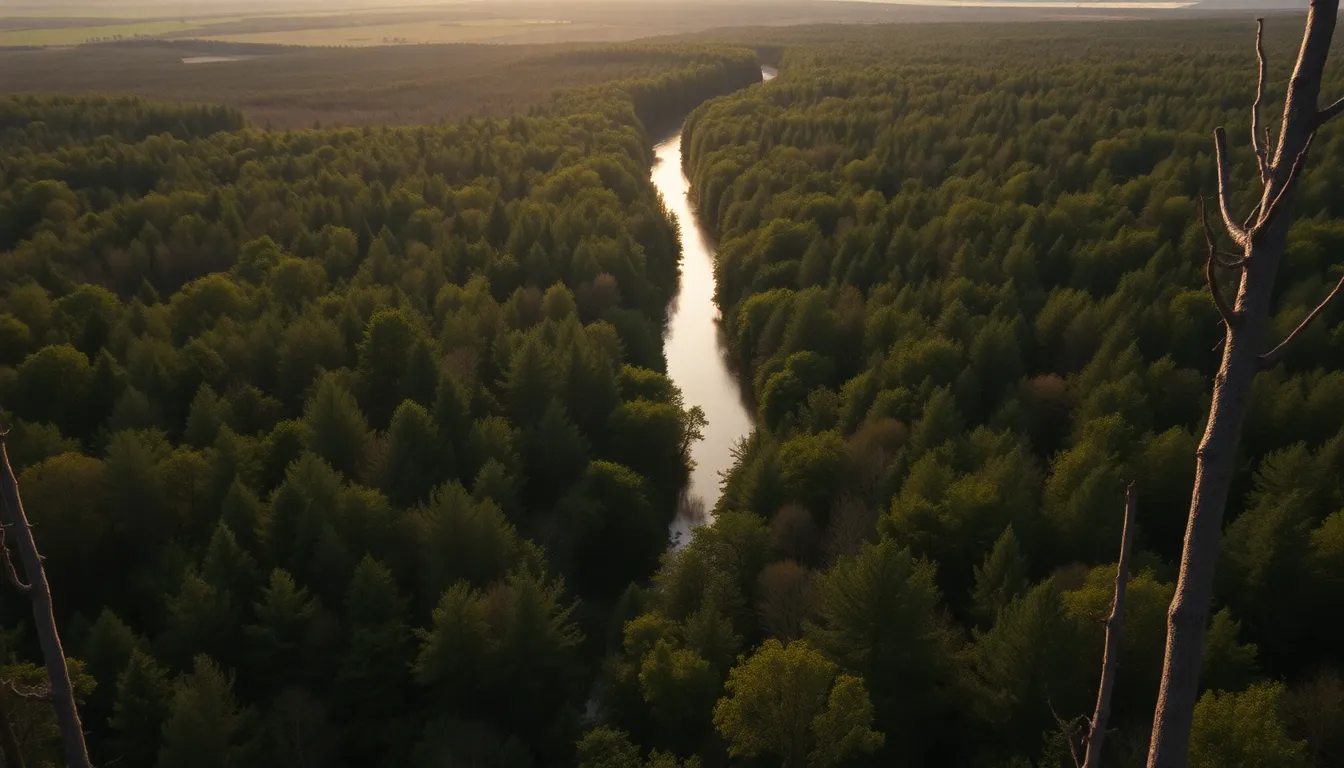 This stunning drone shot captures a winding river weaving through a dense, vibrant forest during the golden hour. Soft late afternoon light bathes the scene, enhancing the rich greens of the foliage and the earthy browns of tree trunks. The expansive depth of field immerses the viewer in the vastness of nature, while the silky surface of the water reflects a dreamy sky. Perfectly framed according to the rule of thirds, this aerial view is both tranquil and captivating.