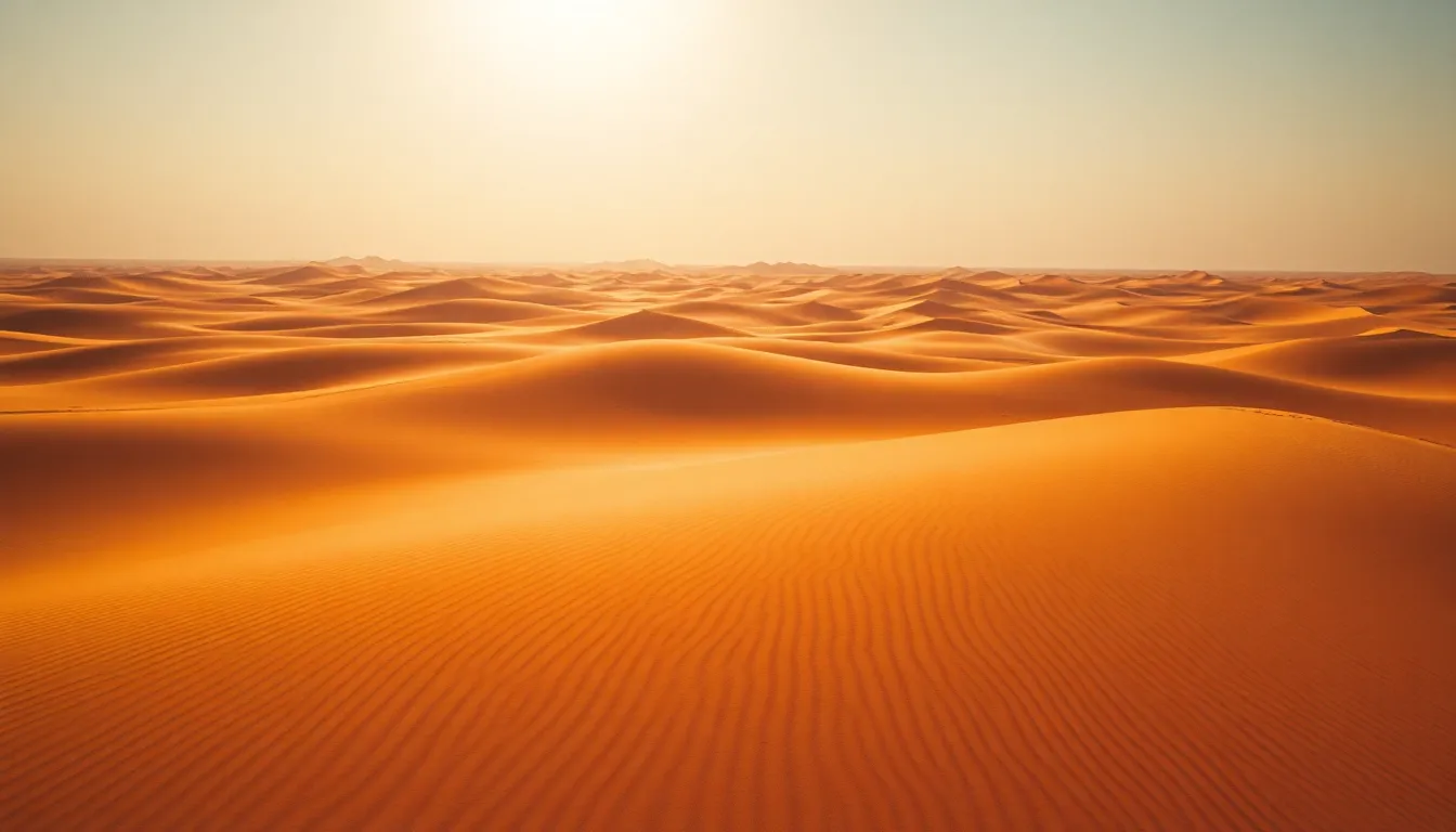 An aerial photograph reveals the breathtaking beauty of vast sand dunes in a desert landscape. The warm afternoon sun transforms the sandy terrain into a palette of gold and amber, casting pronounced shadows that accentuate the intricate textures. With a focus on the foreground details, the image invites viewers to explore the dunes' undulating forms, while leading lines create a sense of movement through the landscape. This dramatic perspective encapsulates the allure and raw beauty of desert scenery.