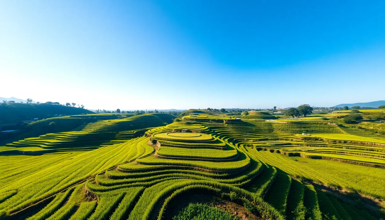 This captivating aerial image showcases rolling rice terraces, vivid green against the bright blue sky. Captured in mid-afternoon light, the terraces create a harmonious pattern that draws the eye across the landscape. Crisp shadows enhance the textures and depth of the scene, while a slight blur around the edges adds to the dreamlike quality. The symmetrical composition reinforces the serene, tranquil feeling of this picturesque agricultural landscape.