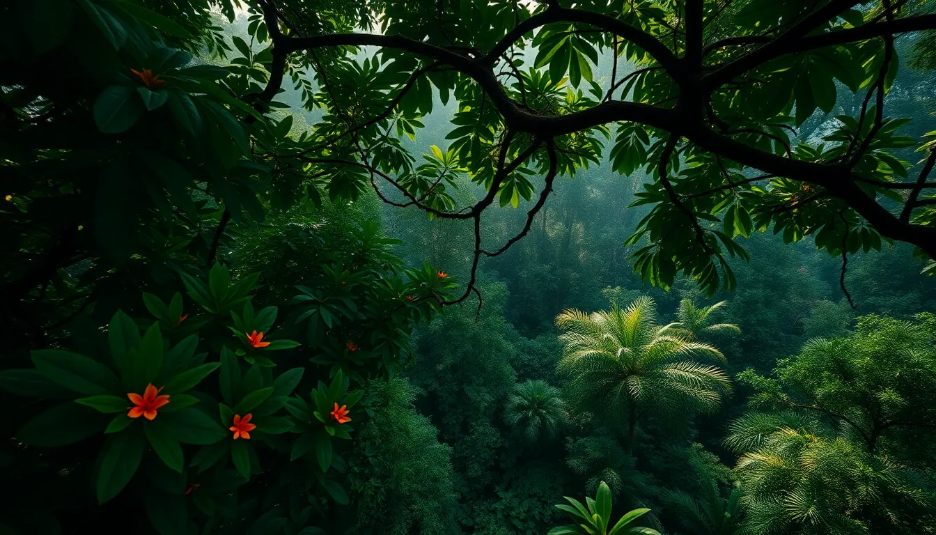 This mesmerizing aerial shot presents a high-altitude view of a vibrant rainforest canopy, showcasing the lushness of the dense foliage. Captured in late morning light, the scene is illuminated with soft sunlight that filters through the leaves, creating enchanting patterns on the forest floor. A shallow depth of field emphasizes vibrant tropical flowers, enhancing their colors against the rich greens of the surrounding leaves. The intricate layers and leading lines formed by branches create a dynamic composition, inviting viewers to immerse themselves in the beauty of the natural world.
