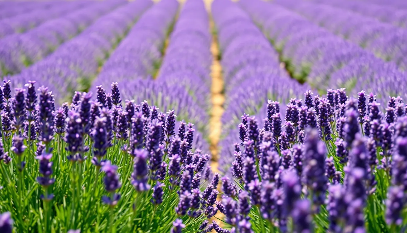 This vivid aerial shot captures the breathtaking beauty of a lavender field in full bloom under bright midday sun. Rows of vibrant purple flowers create leading lines that draw the viewer’s gaze deep into the endless expanse. The hyperfocal depth allows every detail to stand out, from the delicate flower petals to the lush green surroundings. This scene is a stunning illustration of nature's vibrant palette, evoking feelings of tranquility and abundance.