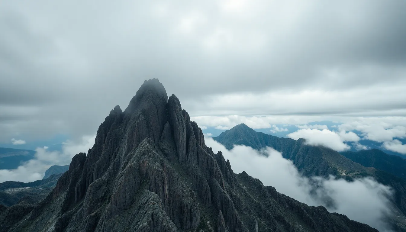 This dramatic aerial view showcases jagged mountain peaks rising sharply into an overcast sky, creating a captivating and moody atmosphere. The diffused lighting emphasizes the intricate textures of the rocky surfaces while the shadows add depth to the scene. The use of hyperfocal distance ensures that both the rugged foreground and distant mountains remain in sharp focus, and the centered composition draws attention to the natural grandeur of the landscape. This image captures the raw beauty of mountainous terrain.