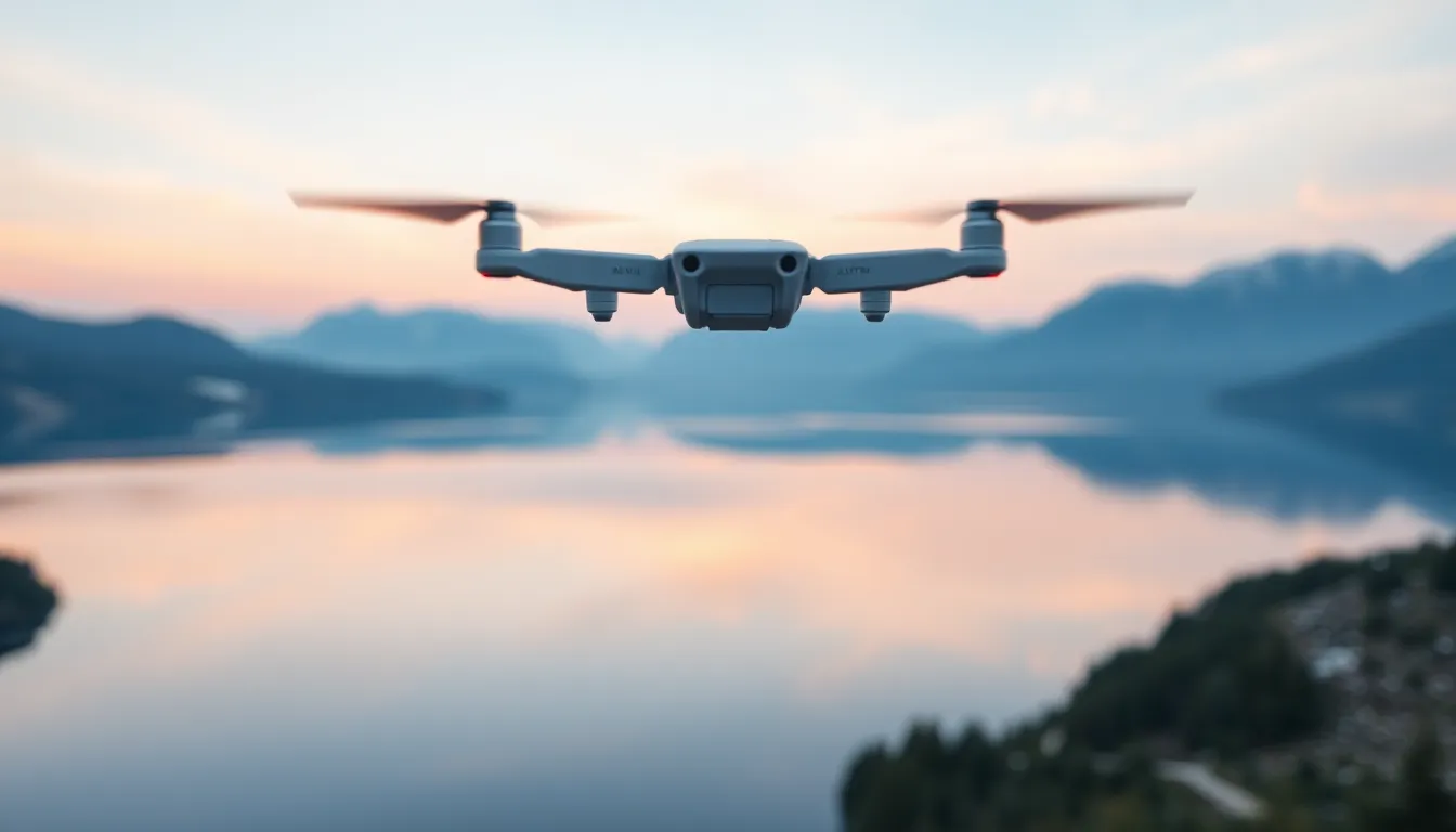 This tranquil aerial image highlights a secluded mountain lake at dawn, captured from an Autel EVO Lite drone. The serene blue water perfectly reflects the surrounding peaks, while the sky transitions into soft peach and lavender hues that enhance the dreamlike quality. With a shallow depth of field focusing on the lake's surface, the mountains blur gently in the background, creating a sense of calm and solitude. The center-framed composition emphasizes the peacefulness of this remote and beautiful location.
