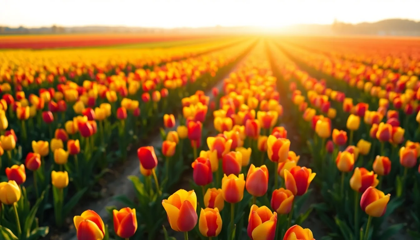 Vibrant Tulip Field Aerial View This vibrant aerial photograph captures a tulip field in full bloom, drenched in the warm light of golden hour. Rows of colorful tulips create a stunning patchwork of yellow, red, and pink petals, beautifully contrasting with the lush green foliage. The shallow depth of field adds a dreamy quality to the scene, while the diagonal lines guide the viewer’s eye across the landscape. Perfect for springtime and floral-themed content.