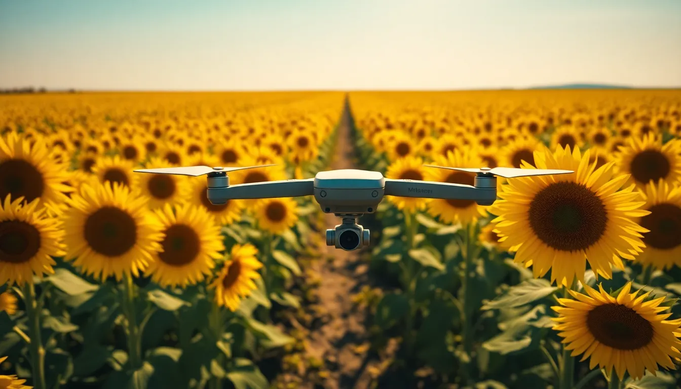 This captivating drone image offers a bird's eye view of a vast sunflower field in full bloom, captured at midday. The vibrant yellows of the sunflowers contrast beautifully with the bright blue sky, creating a joyful and uplifting scene. The use of hyperfocal depth of field ensures that every detail, from the flowers to the horizon, is in sharp focus. With the rows of sunflowers symmetrically arranged, the composition draws the viewer's gaze into the limitless expanse of nature.