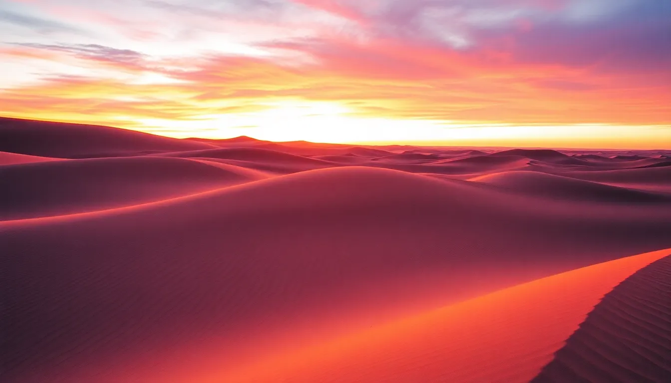 This stunning aerial photograph captures a vibrant desert landscape at sunset, taken with the DJI Mini 2. The sandy dunes, awash in deep oranges and rich purples, create a visually striking contrast against the fading sunlight. The aerial perspective reveals the intricate ripples and textures of the sand, while shallow depth of field keeps the foreground patterns in sharp focus. The composition cleverly employs the dynamic lines of the dunes to guide the viewer's eye across the image, enhancing the sense of scale and beauty.