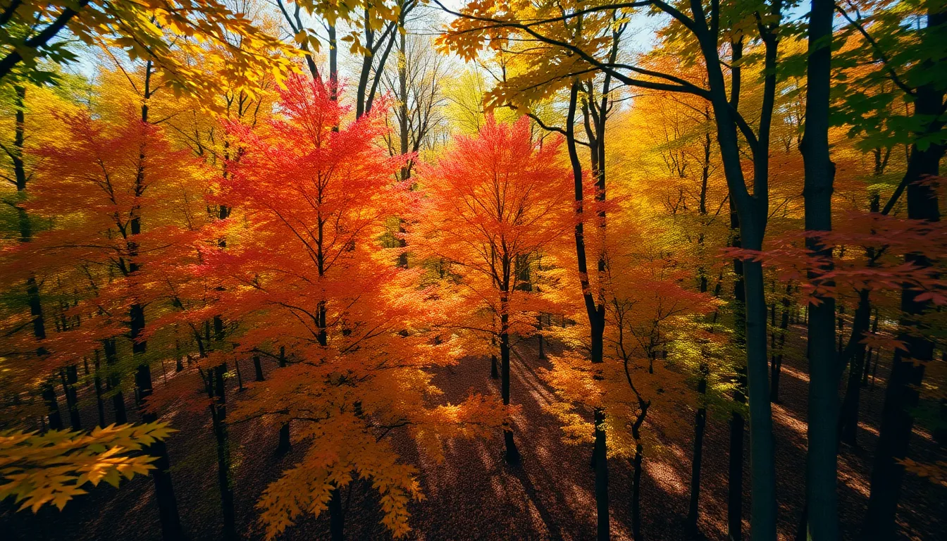 This stunning aerial photograph captures a vibrant autumn forest from above. The soft morning light filters through the foliage, casting dappled shadows on the ground. Rich warm tones of red, orange, and yellow contrast beautifully with the green treetops, creating a feast for the eyes. The composition draws the viewer's gaze along the leading lines of the trees, inviting exploration of this serene natural landscape.