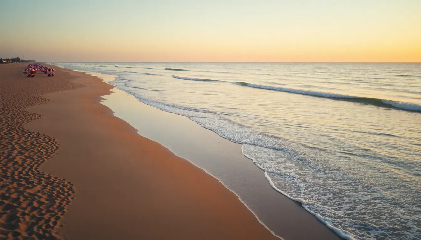Serene Beach Sunrise Aerial View This tranquil aerial image showcases a beach at sunrise, with soft golden light illuminating the sand and waves. Colorful beach umbrellas pepper the landscape, adding a lively contrast to the calm waters. The use of hyperfocal distance ensures sharp focus from foreground to horizon, beautifully capturing the peaceful essence of the scene. Perfect for relaxation and travel-themed content.