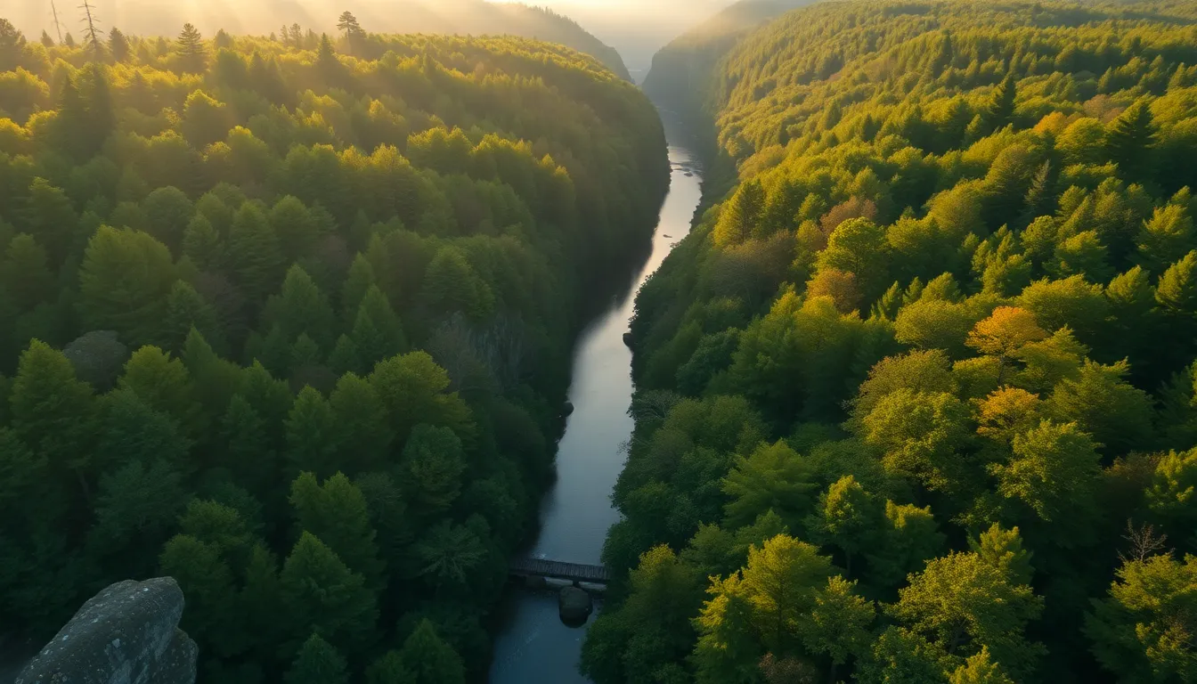 This stunning aerial image showcases a lush green forest taken from a DJI Mavic 3 Pro drone at dawn. The warm golden hour light filters through the tree canopy, revealing a mist that adds an ethereal quality to the scene. The vivid greens and subtle autumn oranges contrast beautifully, giving the forest a rich, vibrant palette. The winding river adds a dynamic element, drawing the eye through this tranquil and serene natural landscape.