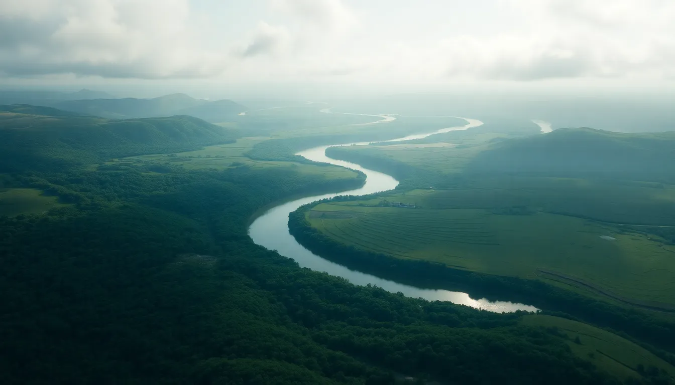Winding River Through Lush Green Valley
