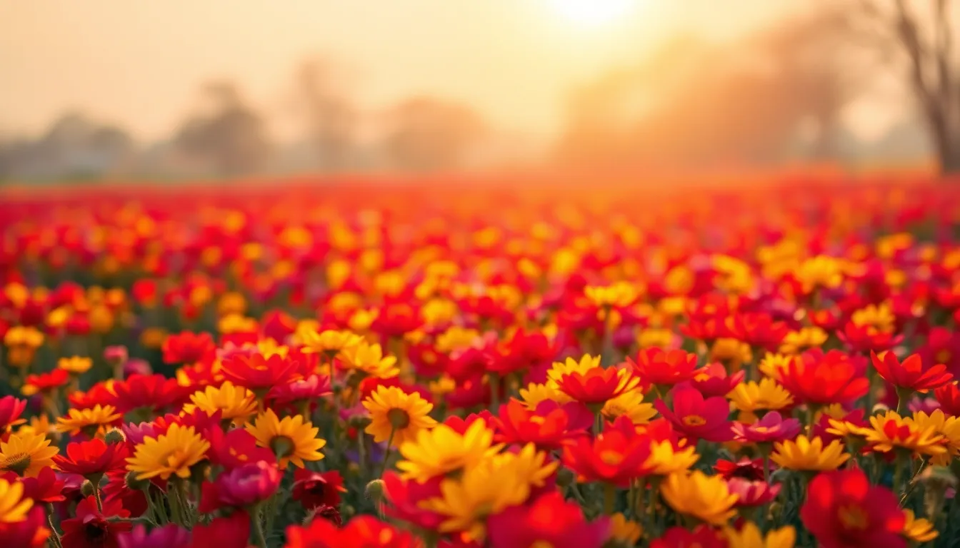 An enchanting aerial image captures a vibrant flower field in full bloom, drenched in warm golden hour light. Rich reds, yellows, and purples create a breathtaking patchwork of color, celebrating the beauty of nature in mid-spring. The focus on foreground flowers emphasizes their intricate details, while the soft background bokeh enhances the scene's dreamlike quality. This dynamic composition invites viewers into a world of floral splendor, making it perfect for anyone seeking to capture the essence of springtime.
