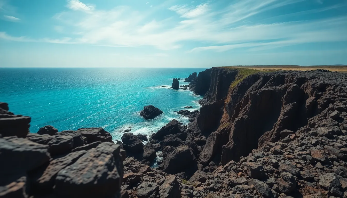 Immerse yourself in the dramatic beauty of this aerial shot capturing a rocky coastline beneath a vivid blue sky. The sunlight dances on the crystal-clear water, showcasing a stunning contrast with the rugged cliffs. This image presents a perfect blend of textures, from the smooth ocean waves to the rough stone surfaces. The composition emphasizes the expansive horizon, invoking a sense of vastness and adventure in nature.