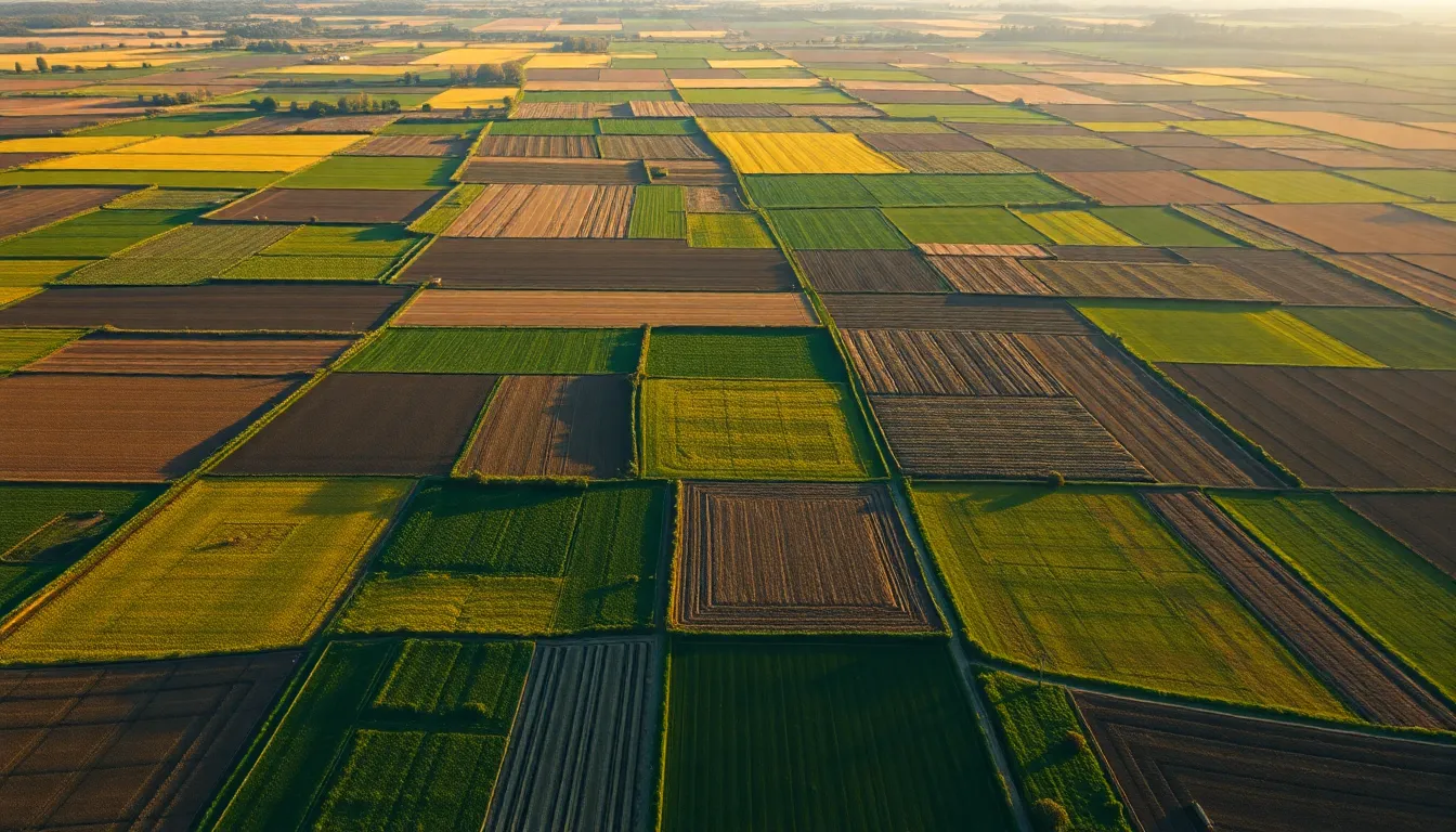 This captivating aerial shot reveals a stunning patchwork of rural farmland, where neatly arranged fields create a kaleidoscope of vibrant colors. Captured during the late afternoon, the gentle lighting enhances the textures of the soil and crops, while soft shadows create depth. With a shallow depth of field, the vibrant greens, yellows, and browns of the fields come to life, evoking a sense of tranquility and abundance. The composition cleverly utilizes leading lines formed by the fields, drawing the viewer's eye across this picturesque agricultural landscape.