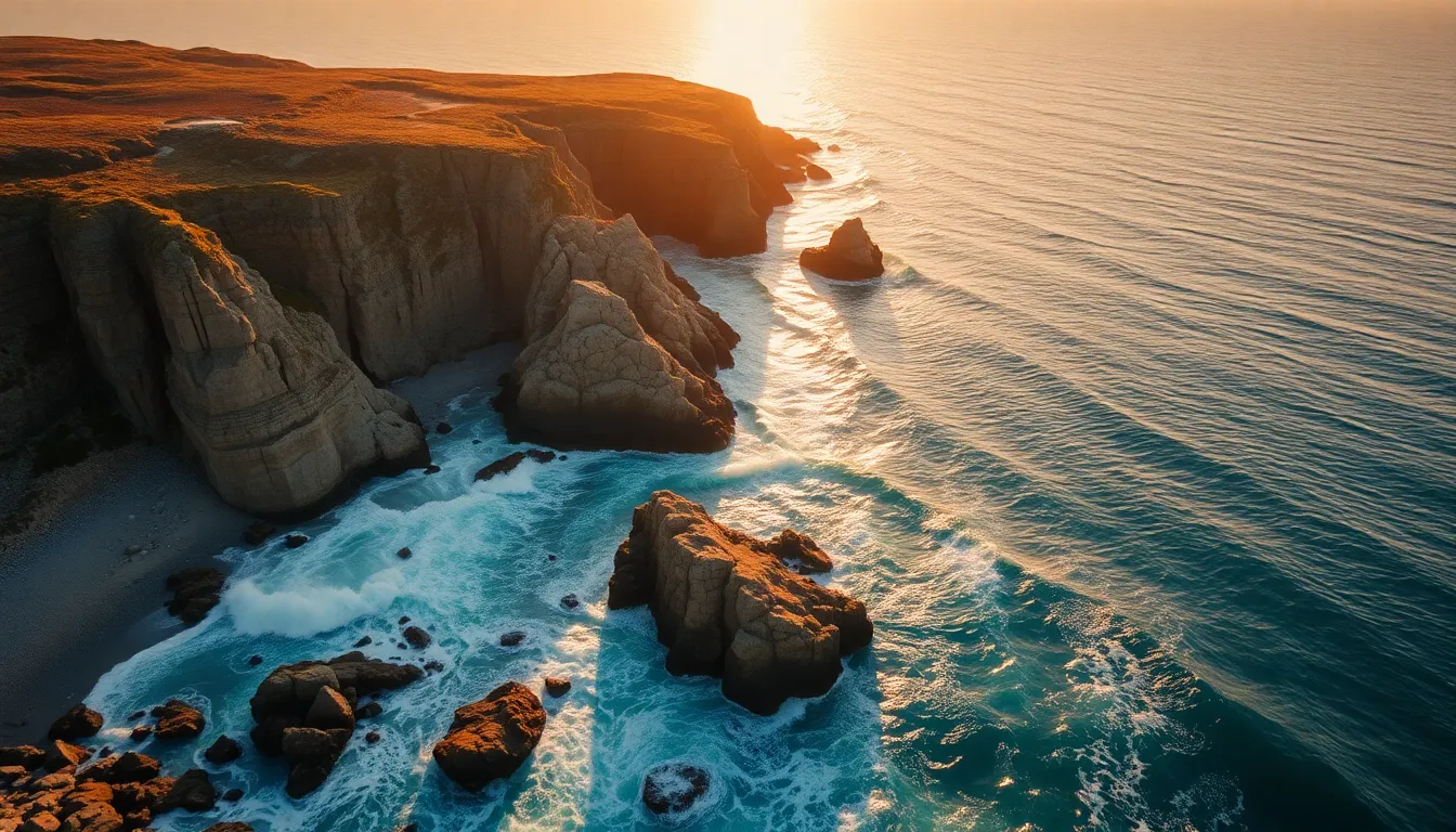 An aerial photograph presents a dramatic coastline at sunrise, where waves crash against rocky cliffs. Soft morning light bathes the scene in golden hues, reflecting beautifully off the ocean’s surface. The contrasting earth tones of the rocks against the rich blue water contribute to the serene yet powerful atmosphere. Using leading lines, the composition invites viewers into the scene, creating a dynamic visual story of nature's beauty.
