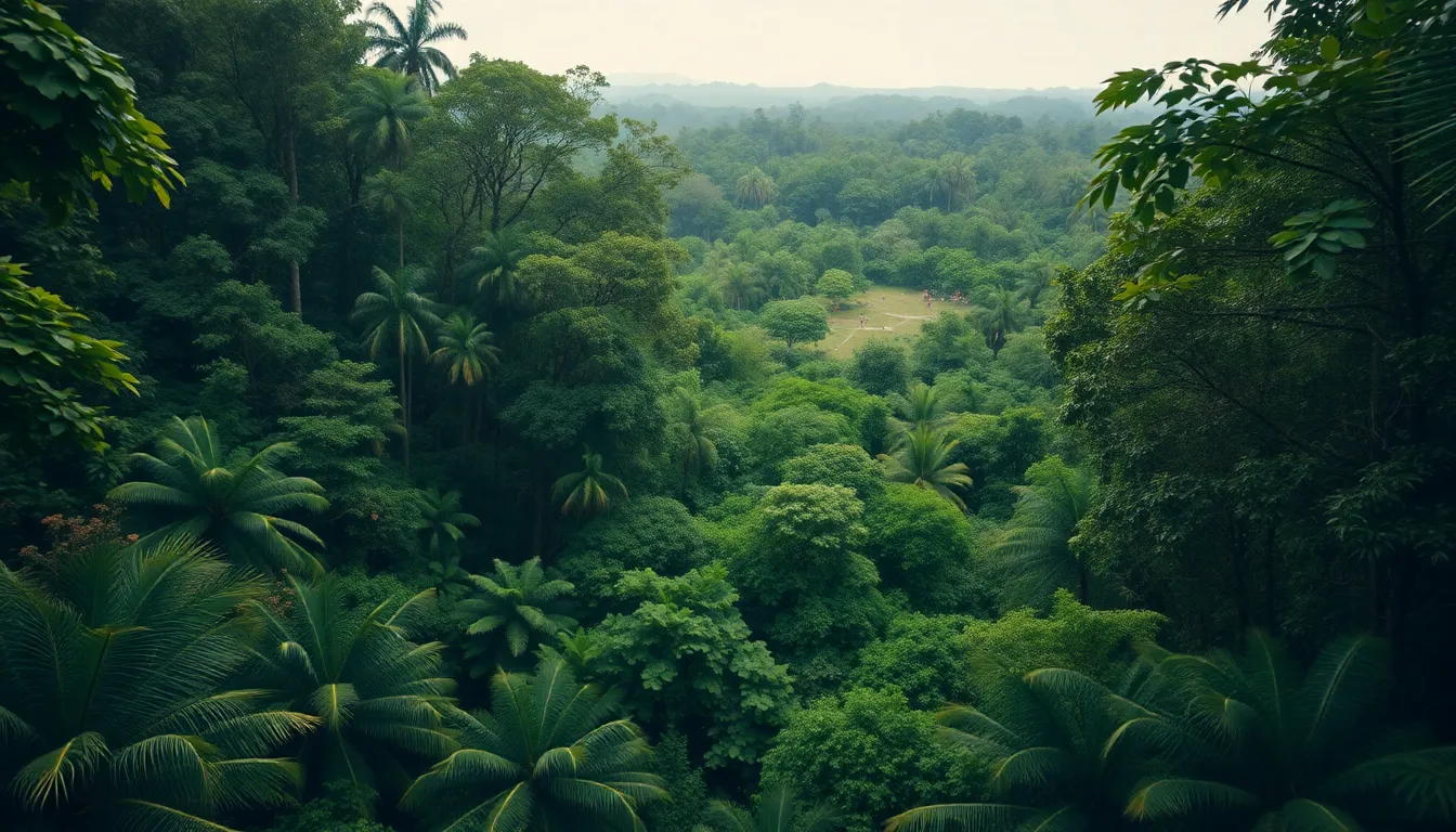 This aerial view showcases a vibrant rain forest captured under diffuse overcast light. The dense foliage creates a rich tapestry of green, with winding trails inviting exploration. The hyperfocal distance ensures every detail, from the rich undergrowth to the towering trees, is in sharp focus. The natural muted tones evoke a sense of tranquility and mystery, perfect for illustrating the beauty of untouched nature.
