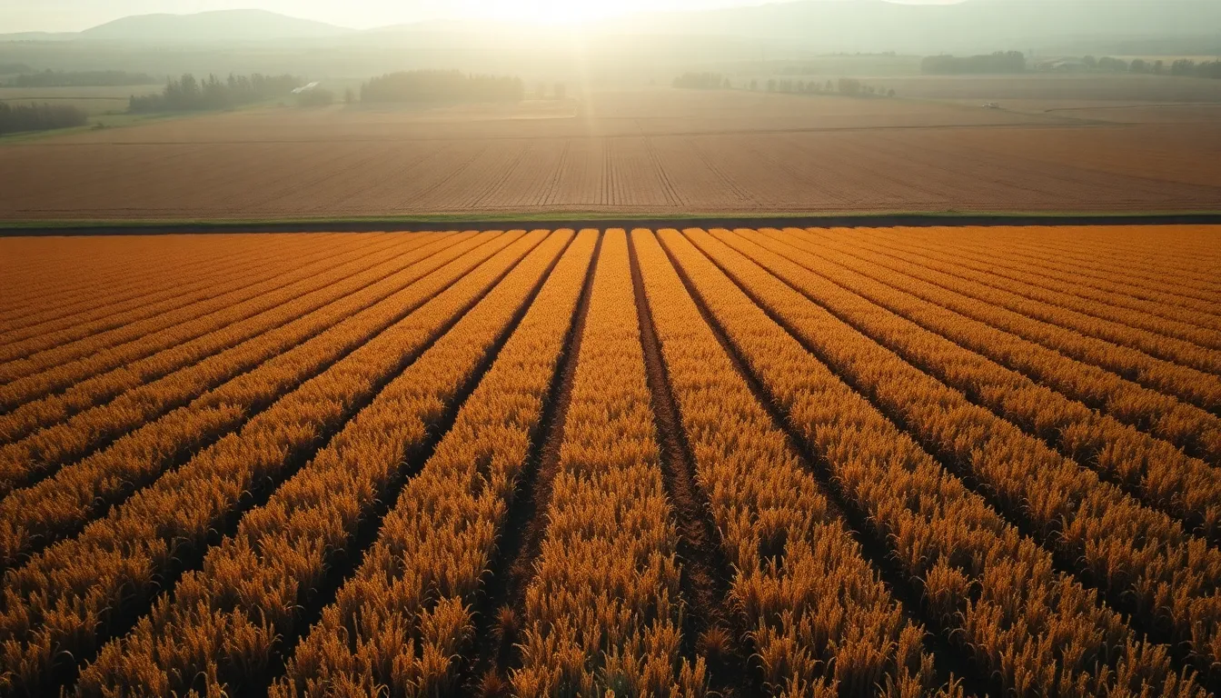 This aerial image showcases a sprawling agricultural field under early morning light. The soft shadows and natural muted tones create a peaceful atmosphere, while the geometric patterns of the crop rows tell a story of cultivation. Hyperfocal distance ensures clarity across the frame, capturing every detail from the rich soil to the dew sparkling in the sunlight. This scene beautifully represents the harmony between nature and agriculture.