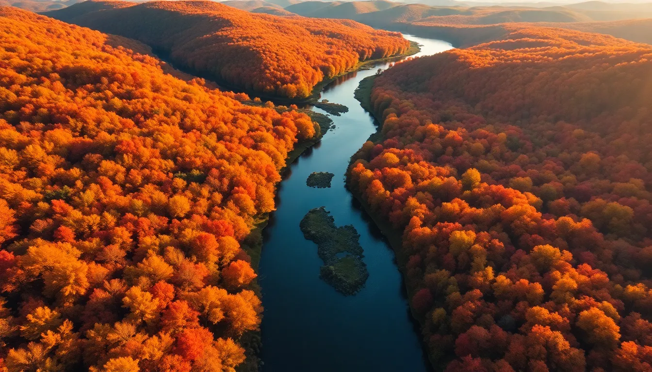This captivating aerial shot showcases a winding river flowing through an enchanting autumn landscape, illuminated by late afternoon sunlight. The scene is alive with warm hues of orange, gold, and red, creating a picturesque fall atmosphere. The river leads the viewer's eye through the vibrant foliage, while hyperfocal focus beautifully captures every detail, from the water's edge to the rolling hills in the distance. This image perfectly embodies the serene beauty of nature in autumn.