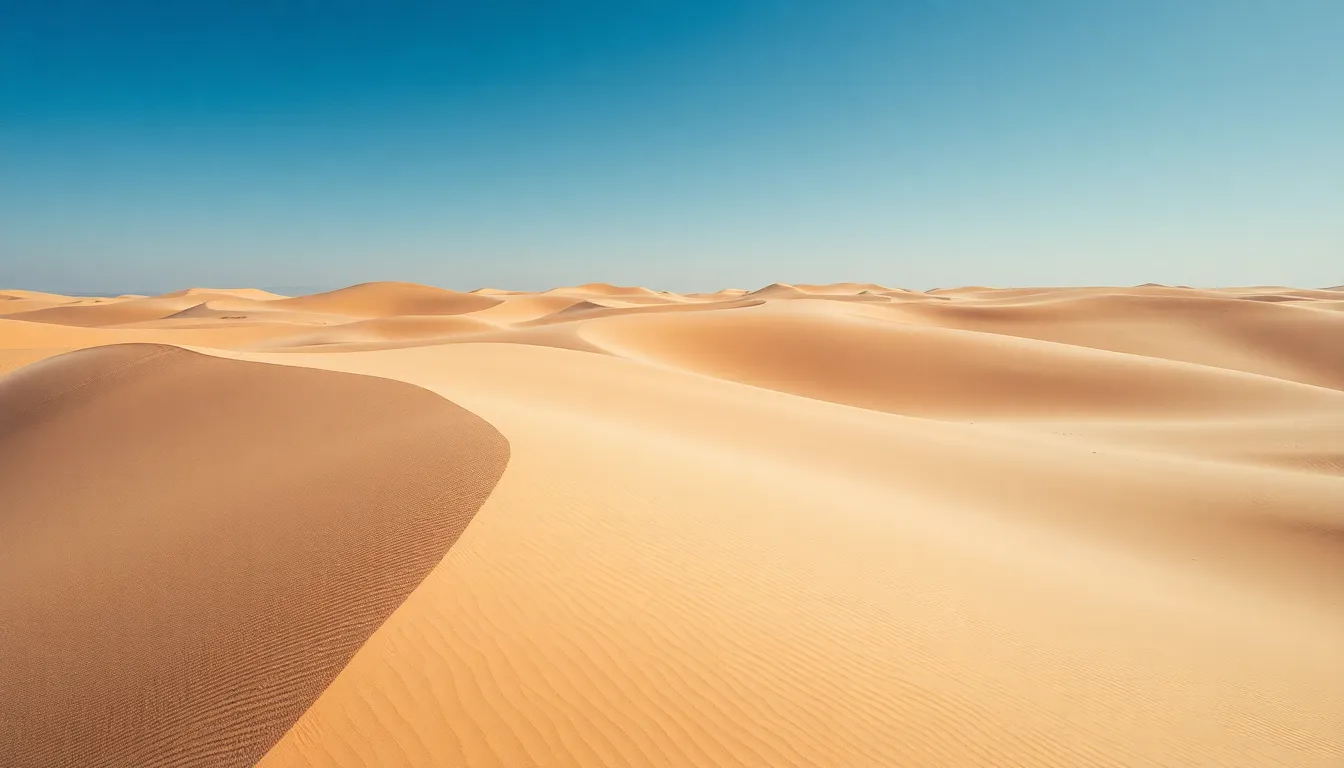Explore the vastness of a desert landscape captured from above, featuring striking sand dunes under a clear blue sky. The strong midday sun accentuates the texture of the dunes, creating vivid shadows and enhancing their sweeping curves. A hyperfocal depth of field ensures every detail is in sharp focus, immersing the viewer in the beauty of this unique environment. Ideal for outdoor or travel projects, this image highlights desert splendor.