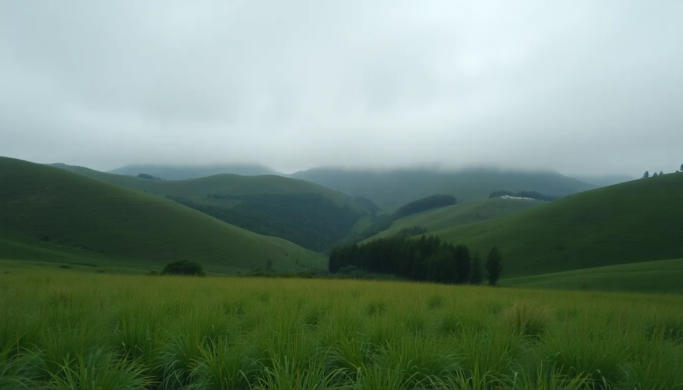 This atmospheric drone photograph captures a lush valley on an overcast day, where diffused light creates a soft, moody ambiance. The balanced depth of field ensures the rolling hills and dense trees are sharply defined, while the muted greens and greys add to the serene quality of the landscape. Symmetrically composed, the image invites calm and contemplation, embodying the effortless beauty of nature under clouded skies.