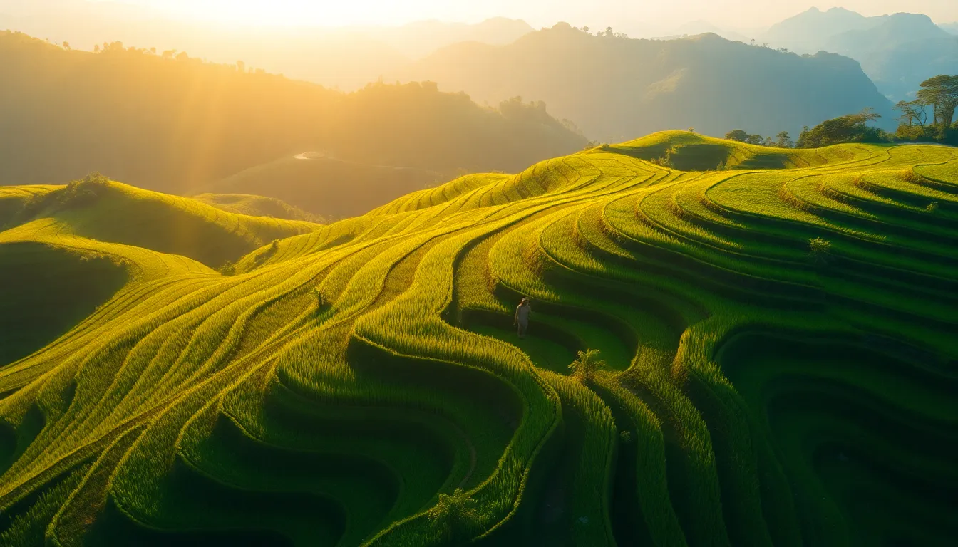 A breathtaking aerial view captures the verdant rice terraces during golden hour, where vibrant greens contrast beautifully with earthy browns. The soft, warm sunlight casts gentle highlights, creating a serene and ethereal atmosphere. The composition features winding curves that lead the viewer's eye toward the distant horizon, enveloped in a soft haze. This image perfectly embodies tranquility and the natural beauty of agricultural landscapes.