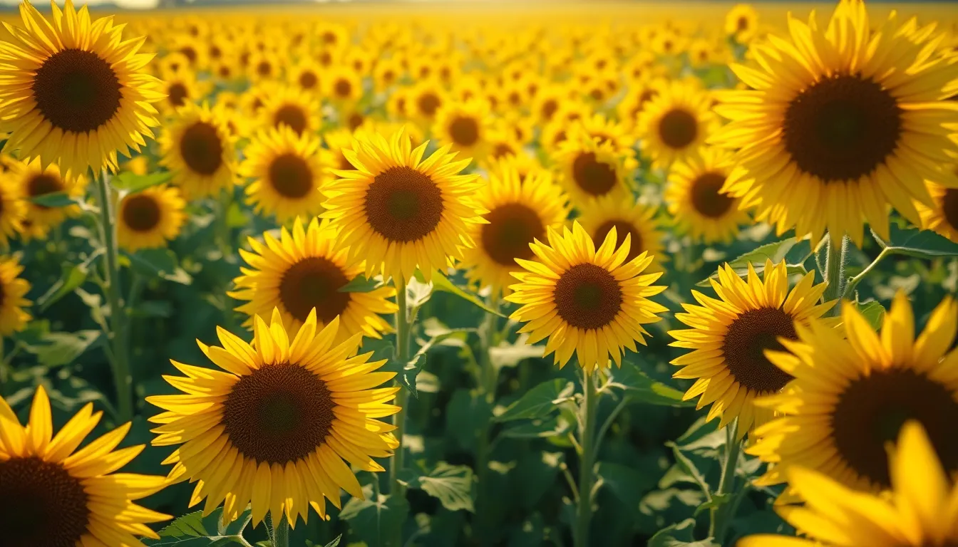 Dive into a vibrant aerial view of a sunflower field captured from above. The rich golden hues of the sunflowers burst against the bright greens of the leaves, creating an uplifting scene. This mid-afternoon shot highlights the intricate details of the flowers, showcasing nature's colorful beauty in full bloom. Ideal for agricultural or landscape-themed projects, this image conveys joy and the essence of summer.