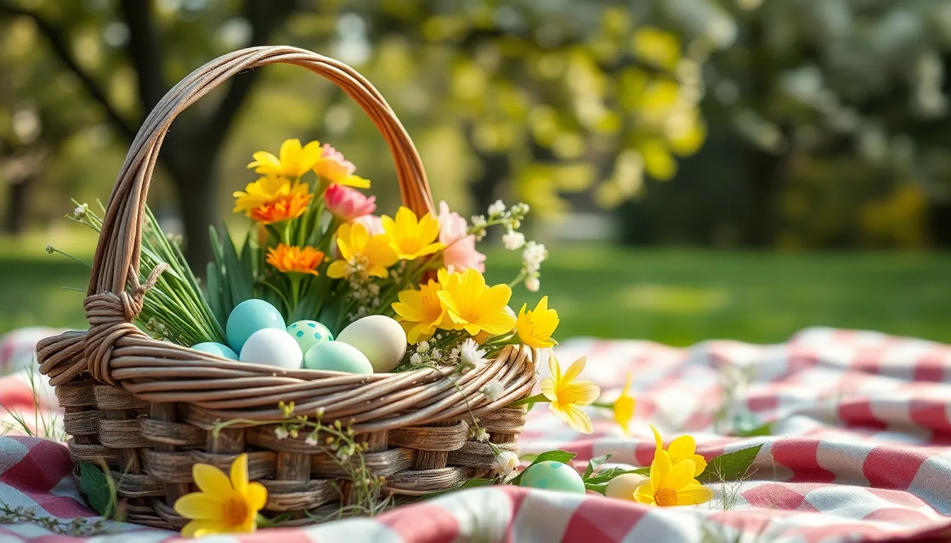 This stunning image presents a rustic Easter picnic, featuring a beautifully arranged basket filled with hand-painted eggs and vibrant spring flowers. Soft, diffused daylight bathes the scene, highlighting the natural textures and warm colors that evoke the spirit of outdoor celebrations. The attention to detail in the arrangement captures the charm of Easter traditions, making it a perfect visual for seasonal content.