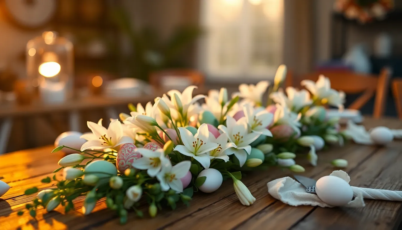 This image showcases a stunning Easter table arrangement, featuring intricately decorated pastel eggs and delicate white lilies. Bathed in the warm glow of golden hour backlighting, the scene evokes a feeling of springtime warmth and joy. The rustic wooden table adds a natural touch, while the soft textures and creamy bokeh elevate the festive atmosphere. This composition invites viewers to celebrate the beauty of Easter gatherings.