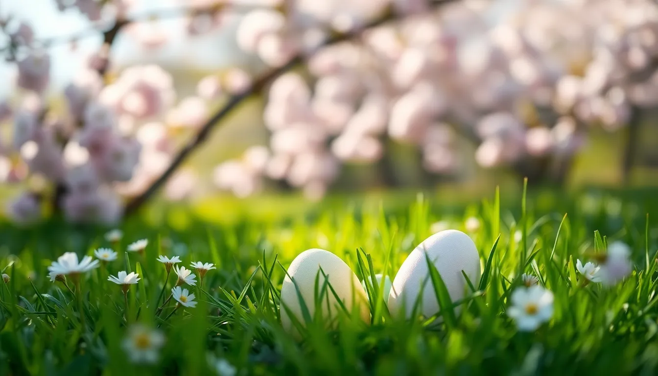 Pastel Easter Eggs Under Cherry Blossoms