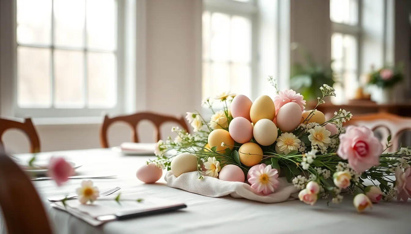 This image beautifully captures an elegantly set Easter table, adorned with pastel-colored eggs nestled among fresh flowers. Natural daylight streams in, creating a warm and inviting atmosphere. The shallow depth of field accentuates the stunning details of the creative egg arrangements against a soft blurred background. This scene radiates the spirit of spring and celebration, making it perfect for Easter-themed content.