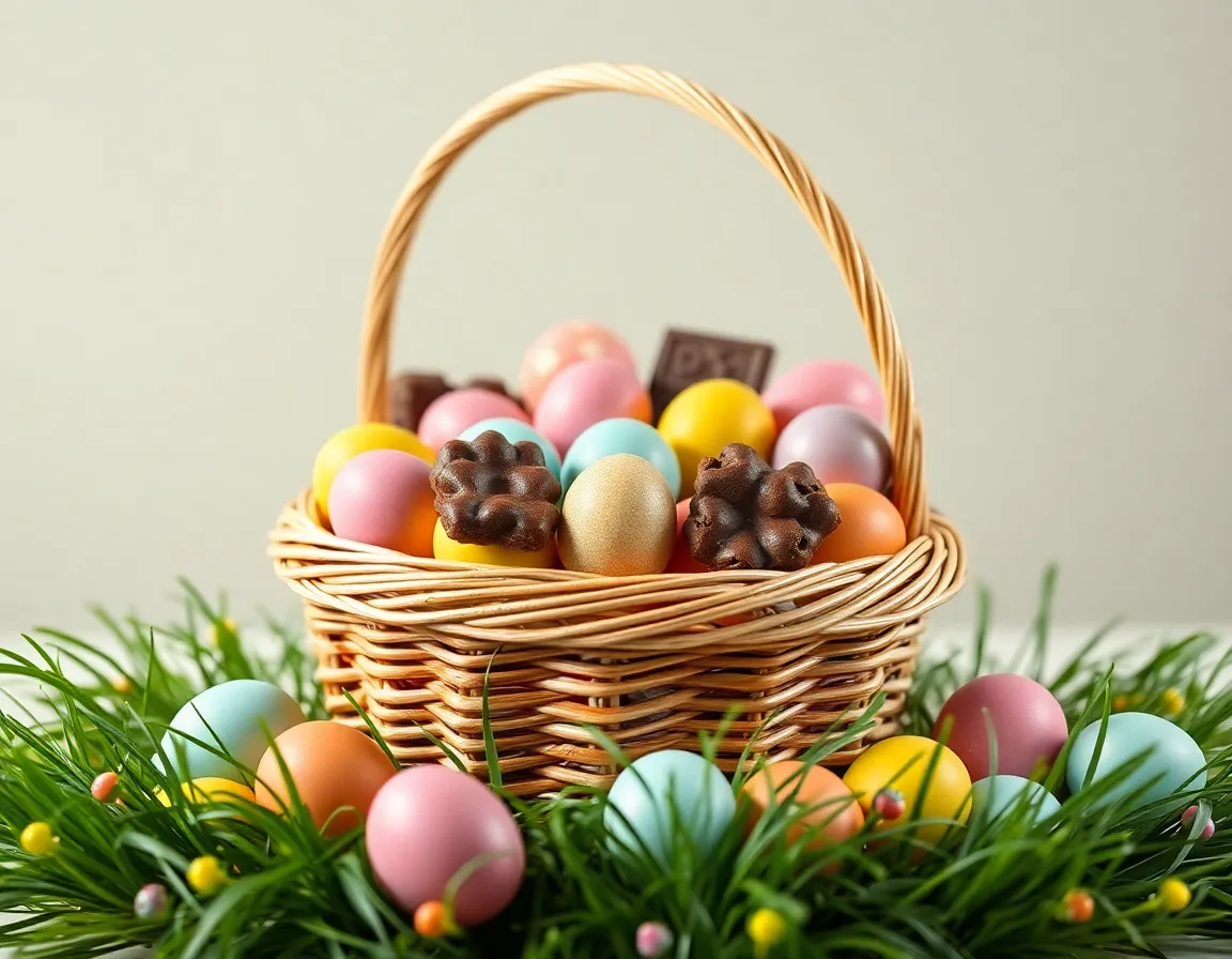 A charming Easter basket overflowing with colorful eggs and delicious sweets, artistically arranged to celebrate the spirit of the holiday. Soft studio lighting highlights the vibrant pastels while maintaining a warm, inviting atmosphere. The shallow depth of field draws attention to the feast of colors and textures, making it a perfect centerpiece for Easter celebrations. This carefully composed image radiates joy and festivity, ideal for seasonal promotions.