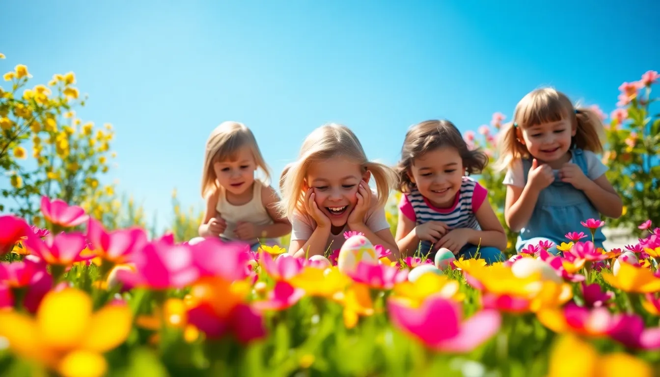 A lively scene of children joyfully searching for Easter eggs in a flourishing garden, bursting with colorful flowers. The clear blue sky adds to the vibrant atmosphere, evoking a sense of fun and excitement. The children, dressed in playful outfits, bring a sense of movement and joy to the composition, engaging viewers in their search for hidden treasures. The bokeh effect in the background enhances the magical feel of the moment, making it perfect for celebrating the Easter holiday.
