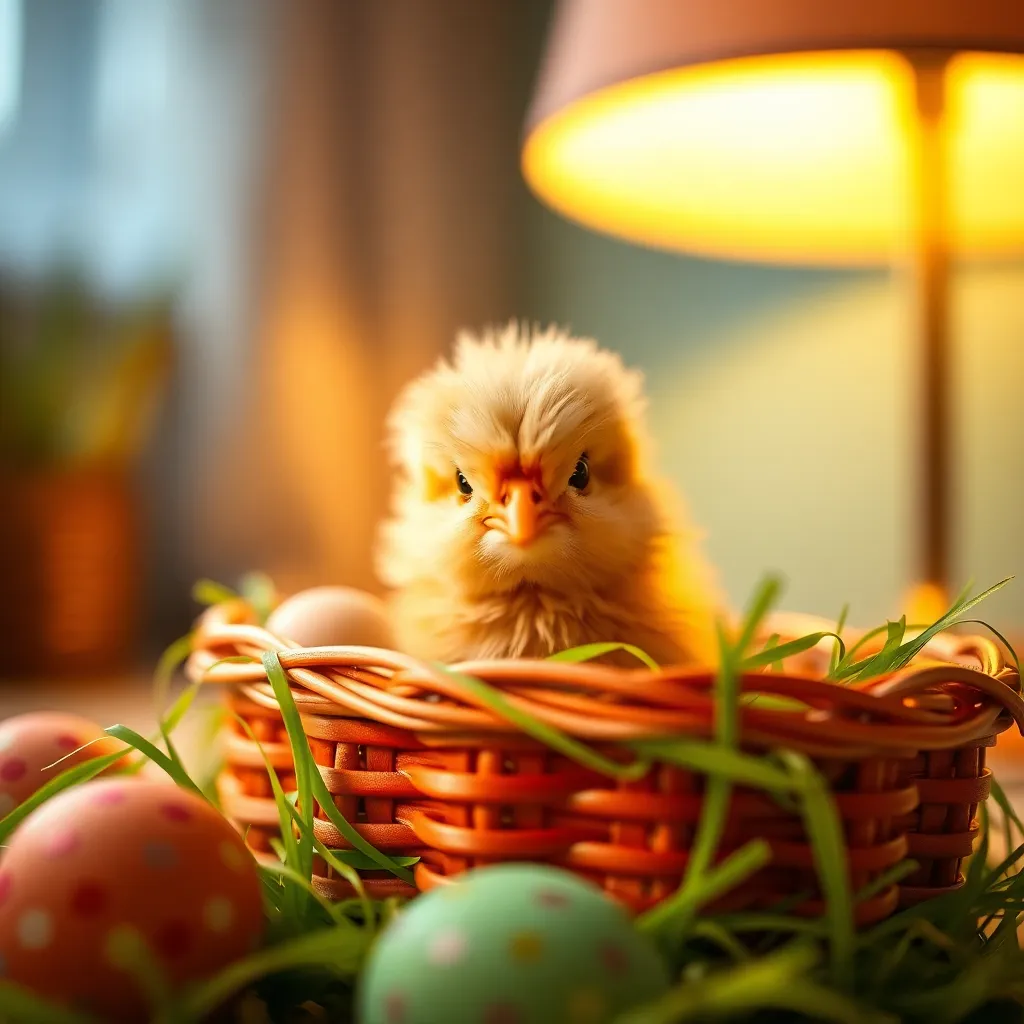 This heartwarming image shows an adorable fluffy chick peeking out from a colorful Easter basket filled with grass and beautifully speckled eggs. Warm tungsten lighting creates a cozy, inviting feel, perfect for the Easter holiday. The shallow depth of field accentuates the chick's fine feather details and curious expression, all centered to pull the viewer's eye. This image captures the playful and joyful spirit of Easter celebrations.