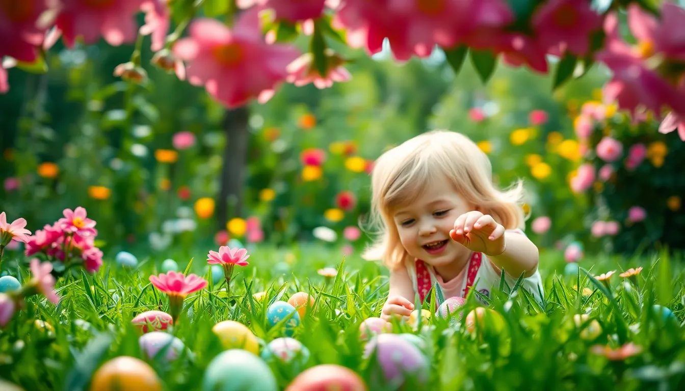 Child Enjoying Easter Egg Hunt in Garden