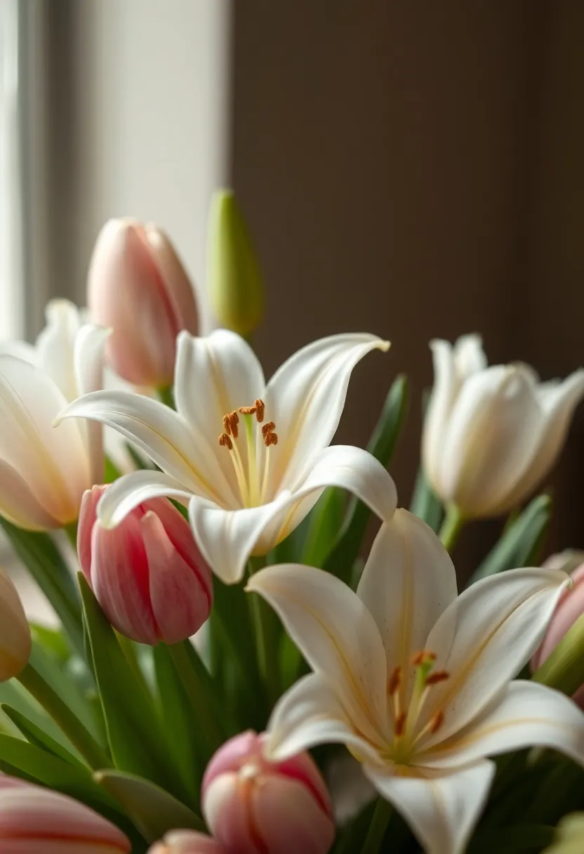 This exquisite image showcases a close-up of a spring flower arrangement featuring elegant Easter lilies and vibrant tulips. Soft natural light beautifully illuminates the delicate petals, emphasizing their intricate details and textures. The shallow depth of field creates a dreamy backdrop, allowing the viewer to focus on the lily's beauty. The fresh color palette and thoughtful composition evoke a sense of renewal and joy, perfectly reflecting the spirit of Easter and springtime.