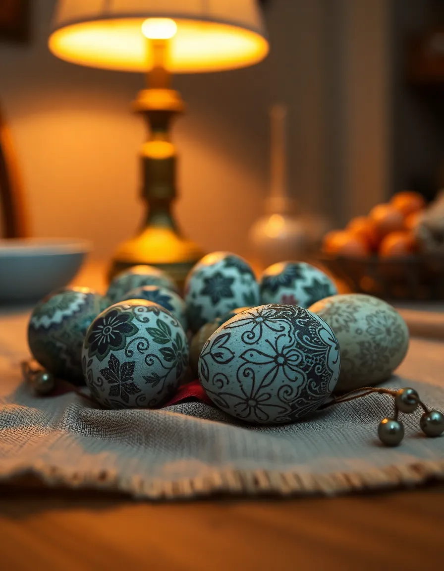 This stunning macro shot presents intricately decorated Easter eggs displayed on a rustic linen tablecloth. Warm tungsten lighting casts a cozy glow, enhancing the vibrant colors and details of the egg designs. The shallow depth of field emphasizes the beautiful textures while blurring the background, creating a picturesque and artistic focus on the eggs. This composition celebrates the craftsmanship and artistry behind Easter traditions.