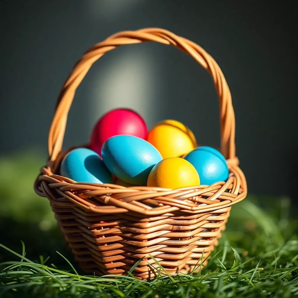 This captivating close-up captures the intricate details of a beautifully woven Easter basket, overflowing with colorful eggs. Soft, diffused natural light highlights the textures and vibrant hues, creating an inviting and festive mood. The shallow depth of field draws attention to the exquisite details, ensuring the viewer appreciates the craftsmanship. The centered composition emphasizes the beauty of the basket, making it a perfect representation of Easter celebrations.