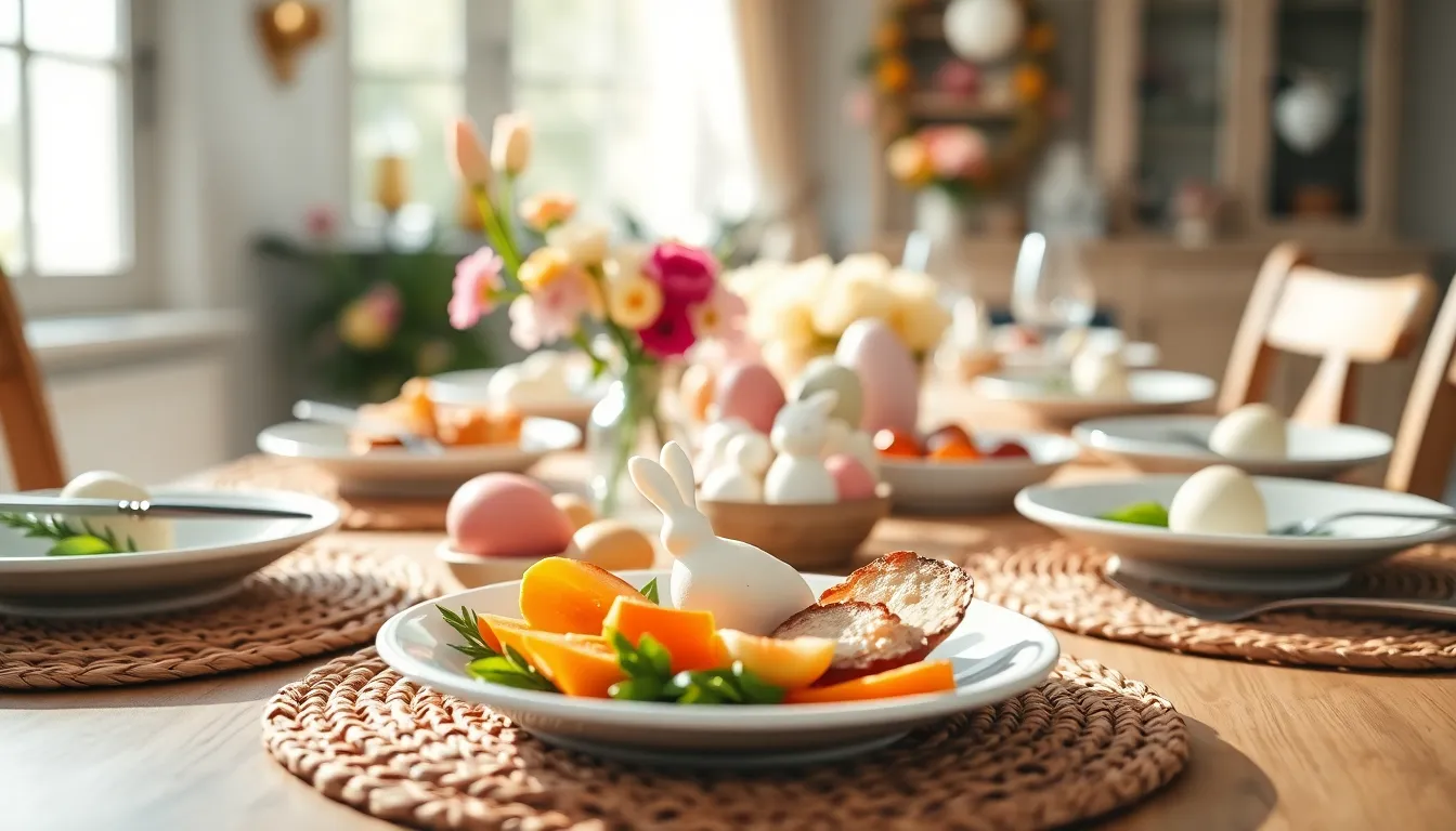 This exquisite image presents an elegantly set Easter brunch table, bursting with vibrant colors and thoughtful details. The low-angle perspective highlights the beautiful arrangement of dishes and flowers, while the soft daylight enhances the richness of the food and decor. The shallow depth of field creates a dreamy background, allowing the foreground elements to shine. The use of natural textures and muted tones conveys sophistication and warmth, perfect for showcasing a heartwarming Easter gathering.