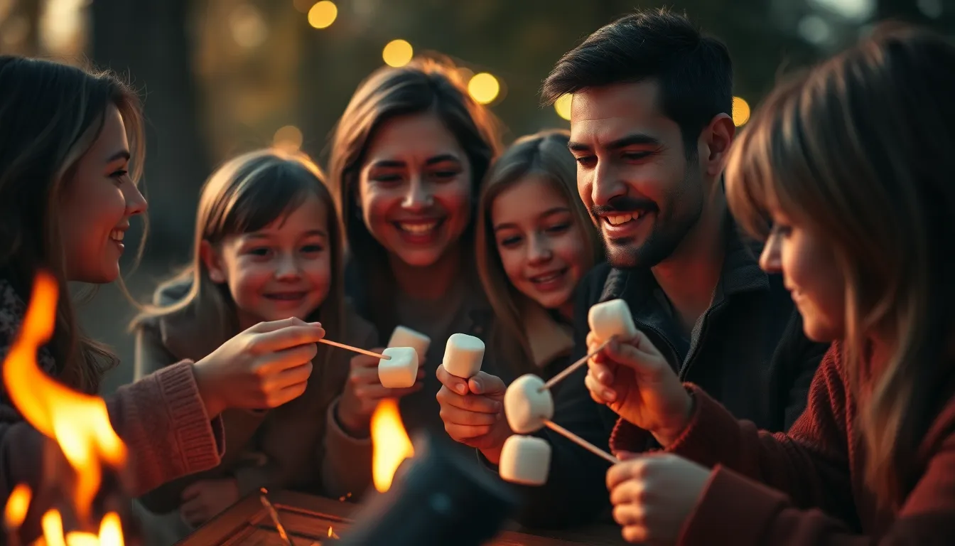 A family enjoys a cozy Easter evening gathered around a bonfire, their faces illuminated by flickering firelight. The warmth of the scene is enhanced by the natural muted tones and the soft bokeh surrounding them. A Dutch angle composition adds a dynamic feel to the moment, as they toast marshmallows and share laughter. This image encapsulates the spirit of togetherness and celebration during the Easter holiday.