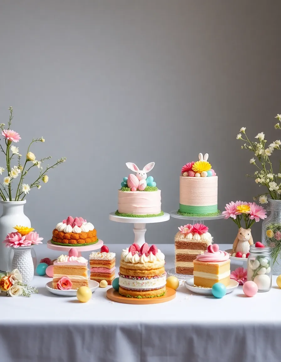 This stunning image portrays a beautifully arranged Easter dessert table featuring an array of pastel-colored cakes and playful decorations. Soft studio lighting enhances the vibrant hues and textures of the sweets, creating an inviting and festive atmosphere. The symmetrical composition showcases the meticulous attention to detail, capturing the essence of celebration. The warm color palette, inspired by Kodak Portra 400, adds a nostalgic charm, making this image perfect for Easter-themed promotions and events.
