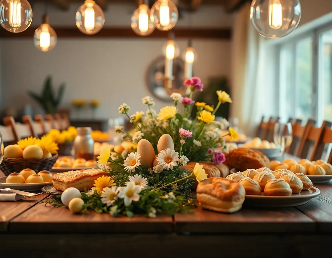 This inviting image showcases an elegantly arranged Easter brunch table, adorned with delicious pastries and fresh spring flowers. The warm tungsten lighting casts a cozy glow, enhancing the rich colors of the food. With a shallow depth of field, the pastries take center stage, inviting viewers to savor the festive delicacies. The composition emphasizes the beautifully set table, inviting family and friends to gather and celebrate the Easter holiday.