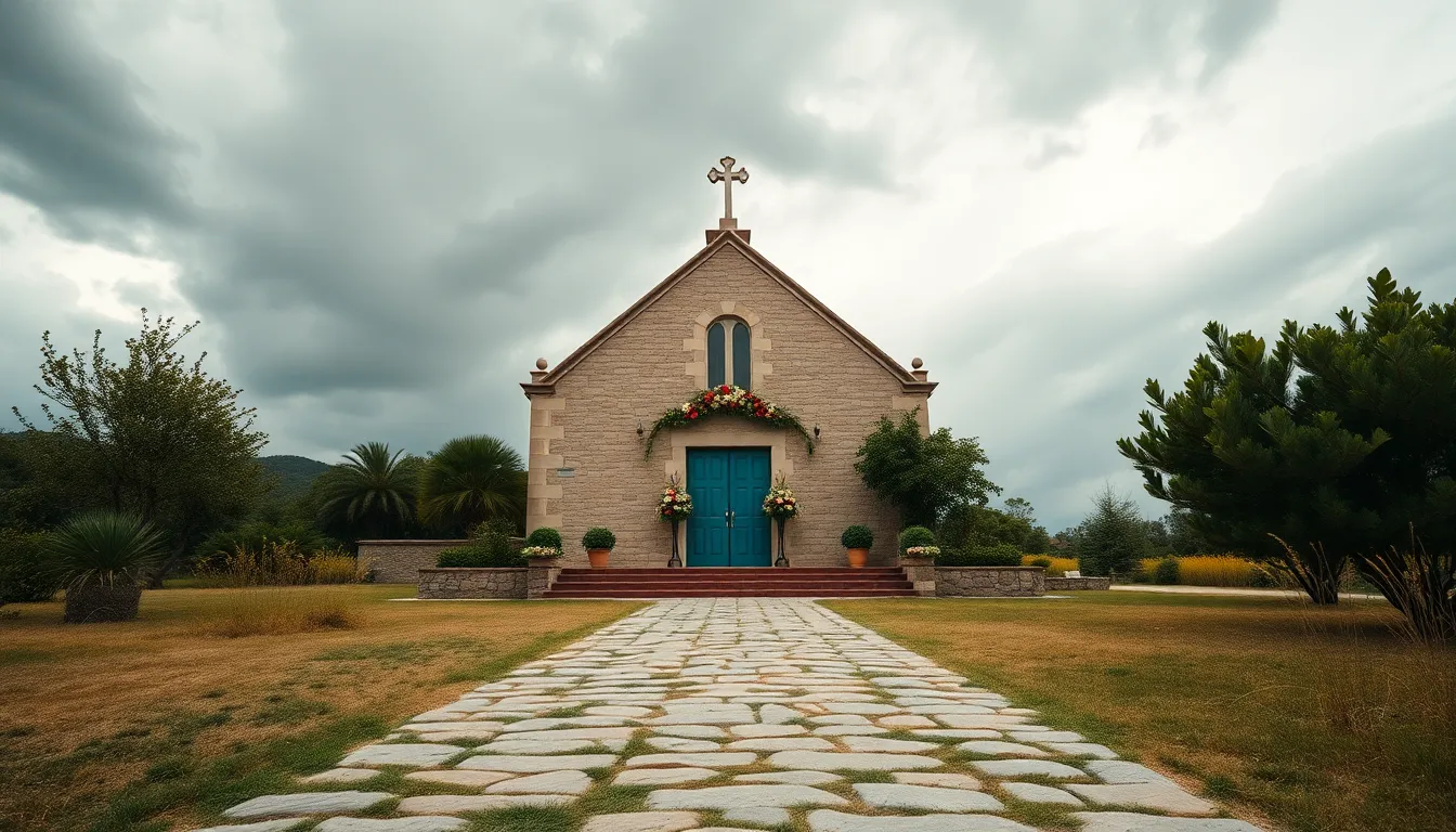 This stunning image showcases a vintage church elegantly decorated for Easter, framed by a winding path that leads the viewer's eye towards its ornate entrance. The cloudy sky offers a soft diffused light that enhances the somber yet hopeful mood of the scene. The contrast between the weathered stone of the church and the fresh floral arrangements symbolizes renewal and celebration, perfectly capturing the essence of Easter traditions. The depth of field ensures that every detail, from the path to the church features, speaks to the viewer’s experience.