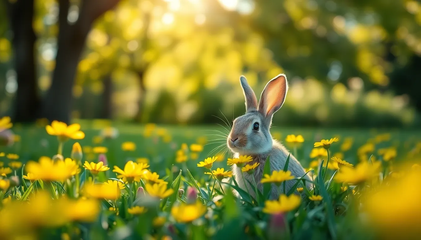 A charming bunny hides among a bed of colorful spring flowers, bathed in dappled sunlight filtering through the leafy tree canopy. The photograph captures vibrant colors, with saturated greens and yellows celebrating the essence of Easter. The selective focus brings attention to the bunny, framed beautifully by the leading lines of flower stems. This image embodies the joyful spirit of the season.