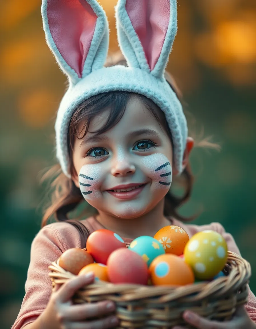 This playful portrait features a child wearing bunny ears and rabbit face paint, beaming with joy as they hold a basket brimming with colorful Easter eggs. The Rembrandt lighting accentuates the child's features and brings warmth to the scene, while the soft bokeh background emphasizes the subject's cheerful expression. The cinematic color grading adds a whimsical touch, making it perfect for holiday celebrations.