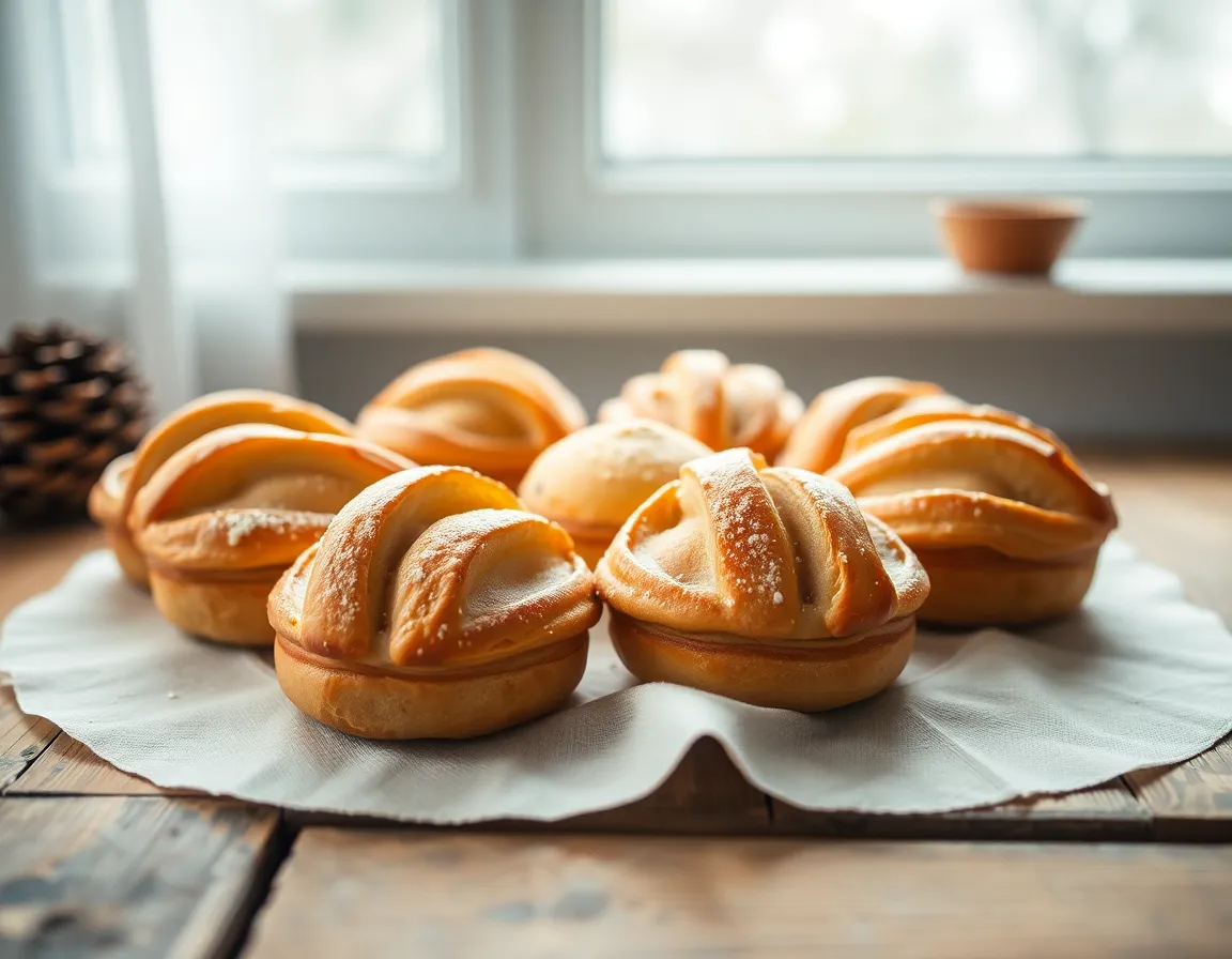 A beautifully styled collection of artisan Easter pastries displayed on a weathered wooden table, catching the soft glow of diffused daylight. The arrangement showcases a variety of baked goods, each with distinct textures and flavors, inviting viewers to indulge. The natural muted tones create a cozy, welcoming atmosphere perfect for the Easter celebration. This composition emphasizes the quality and craftsmanship of the pastries while maintaining a sense of warmth and home.