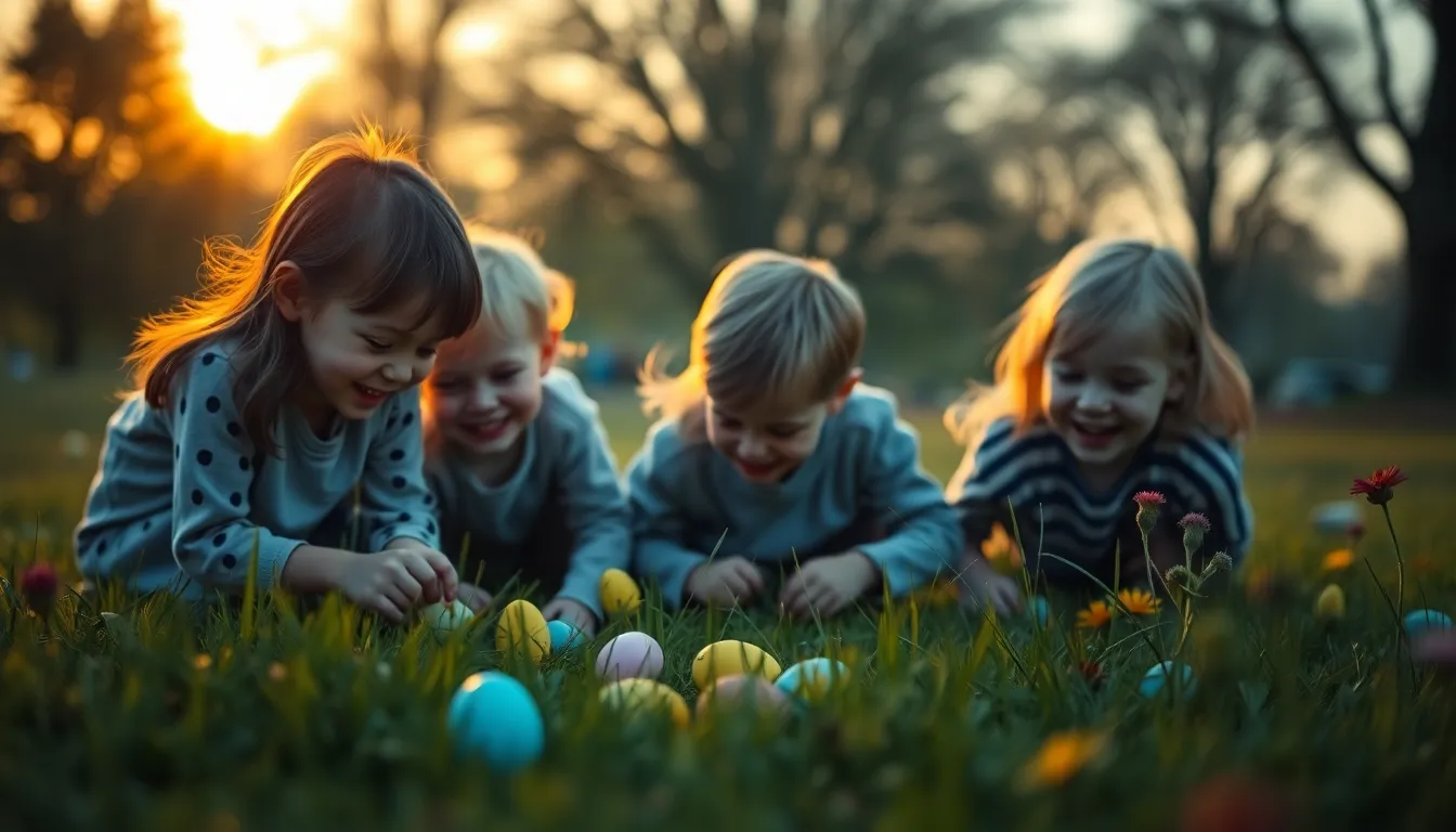 A heartwarming scene of children joyfully searching for Easter eggs in a vibrant park during sunset. The warm rim lighting captures their laughter, creating a nostalgic atmosphere filled with family love and excitement. The soft depth of field beautifully blurs the background, focusing on the happy expressions of the children, while the cinematic color grading enhances the warmth of the moment. This image encapsulates the joy and spirit of Easter celebrations with loved ones.