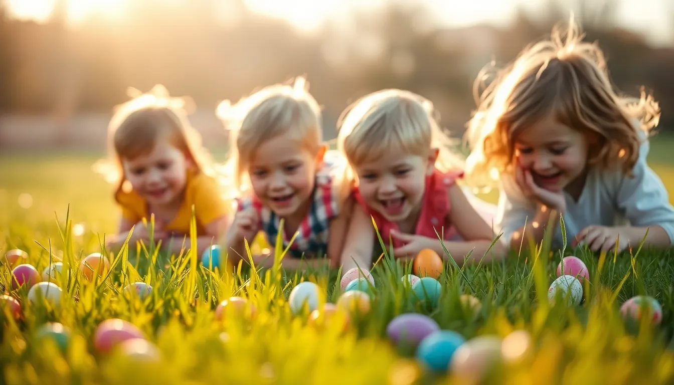 This dynamic photo captures children joyfully searching for Easter eggs in a sunlit garden. Golden hour light drapes the scene, creating a magical atmosphere filled with excitement and color. The focus is sharp on the children's thrilled expressions as they discover hidden treasures, with a soft bokeh of eggs in the background. This vivid representation embodies the joy and spirit of Easter festivities.