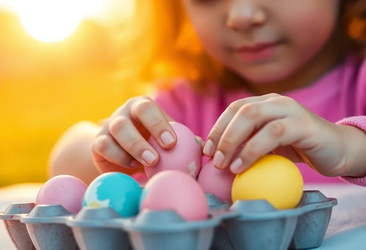 This charming close-up image captures the joy of a child engaging in the creative process of painting Easter eggs. The warm glow of the golden hour enhances the vibrant colors of the egg dye, while the shallow depth of field focuses beautifully on the child's hands. Each painted egg reveals intricate details and textures, embodying the spirit of Easter festivities. The overall composition evokes a sense of nostalgia and warmth, making it perfect for family-oriented themes.